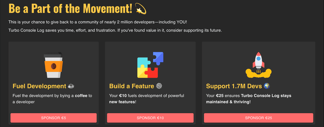 Turbo Console Log Website - Sponsorship Page Options