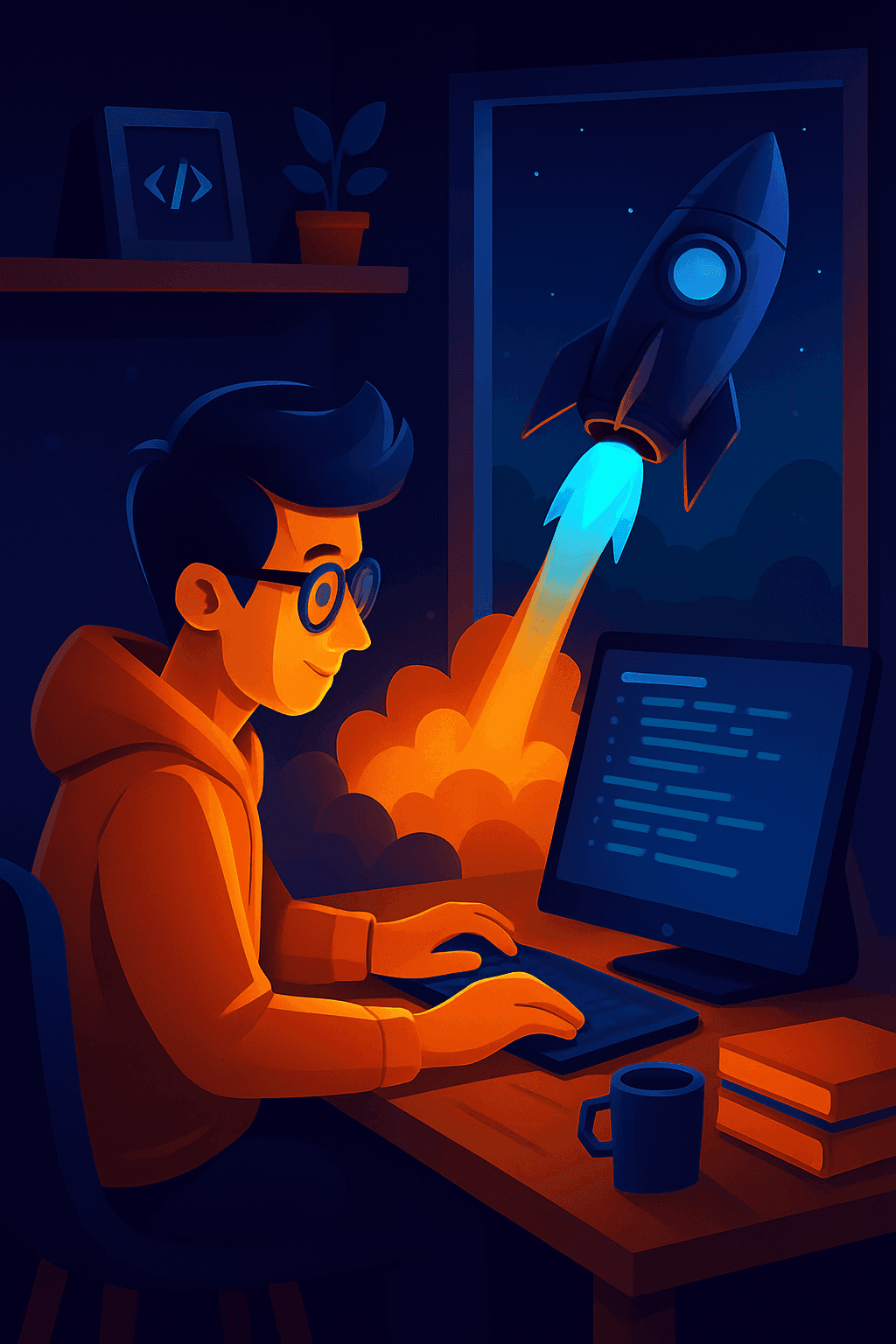 Illustration of a developer working on a side project with a rocket launching in the background