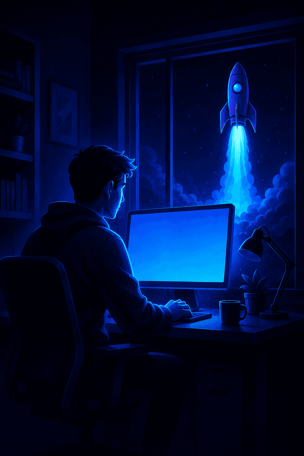 Illustration of a developer working on a side project with a rocket launching in the background