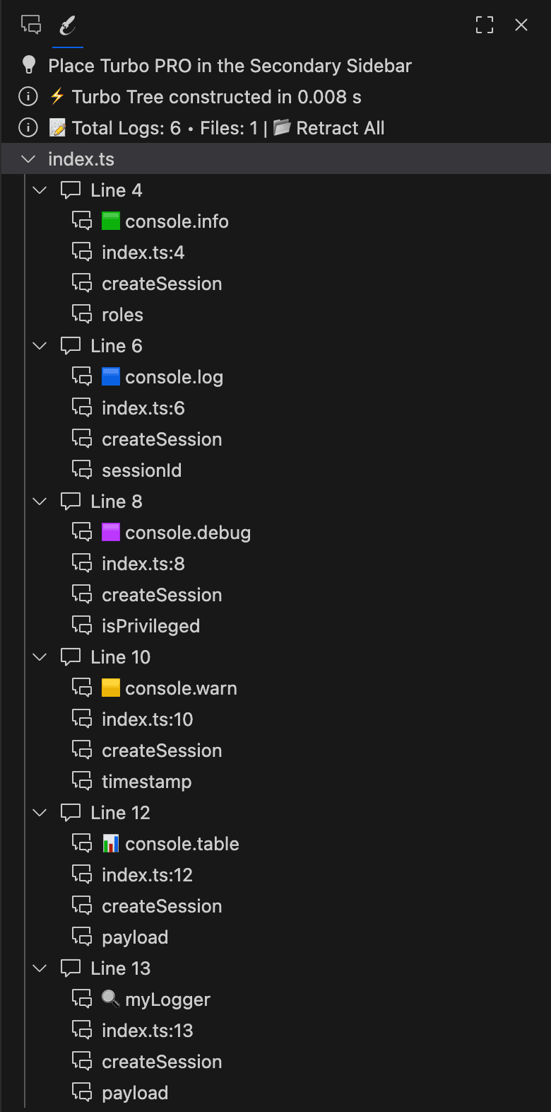 Turbo Pro Console Tree Panel with Color-Coded Logs