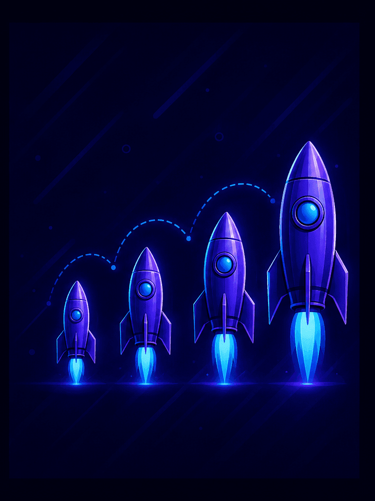 Illustration of a developer working iteratively with a rocket launching progressively in the background