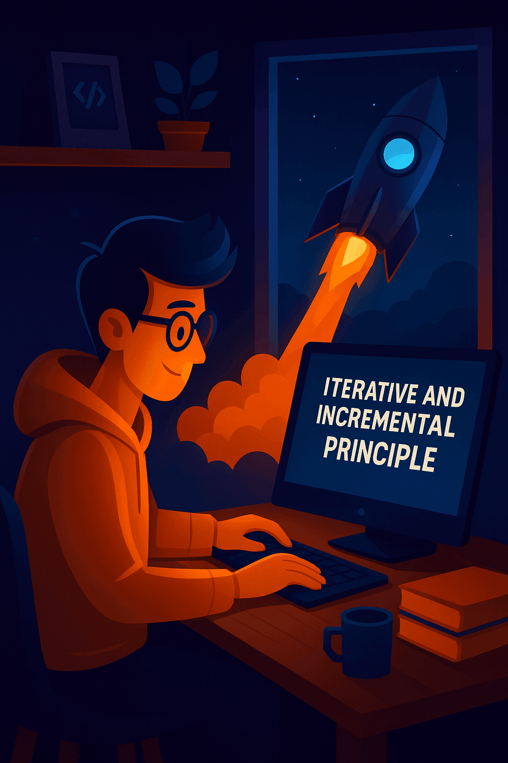 Illustration of a developer working iteratively with a rocket launching progressively in the background